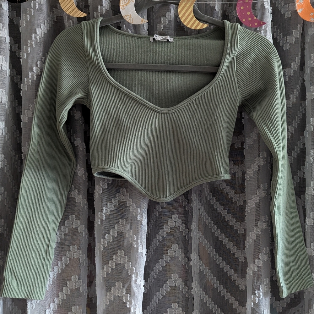 Zara Seamless Ribbed Corset Cropped Long Sleeve V Neck Top